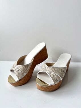 Jimmy Choo Prima Woven Crisscross Cork Wedge Platform Slides Beige white Sz 38